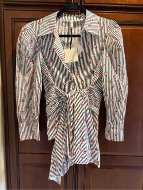 Lumina White Striped Button-Down with Pink Rose Print and Waist Tie